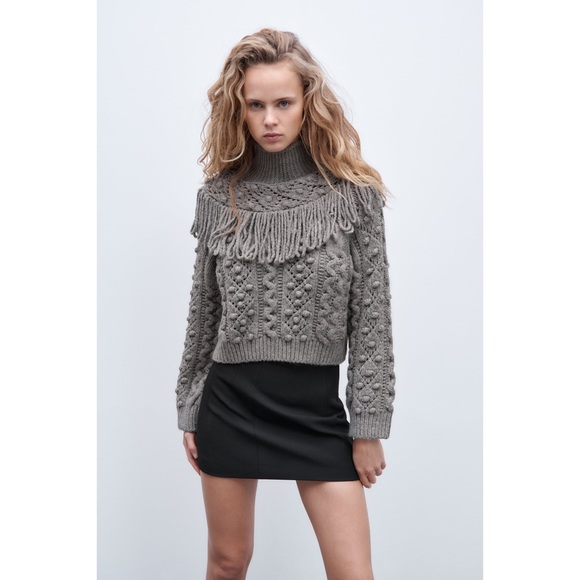 Zara Fringe Knit Sweater, Small, Gray, Blogger Favorite - Picture 2 of 15